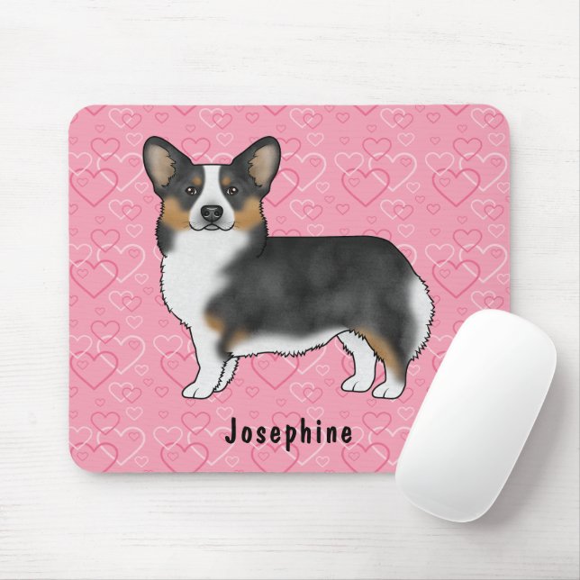 Tapis De Souris Noir Tri Pembroke Welsh Corgi Coeurs Avec Nom (Avec souris)