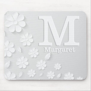 Tapis De Souris Nom à relief floral blanc initiales personnalisées