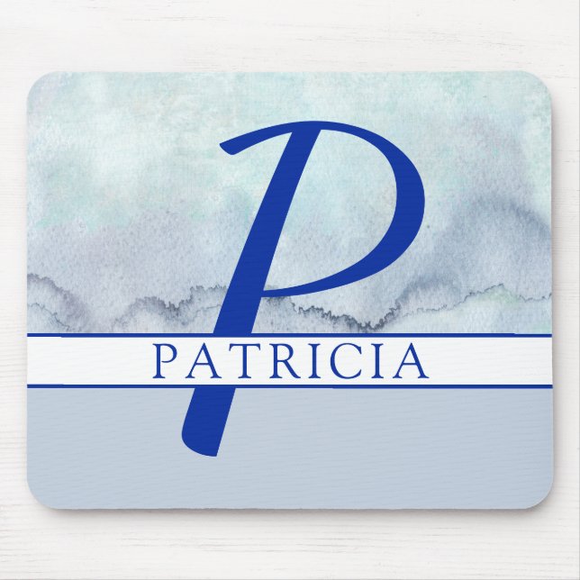 Tapis De Souris Nom | Aquarelle bleu monogramme (Devant)