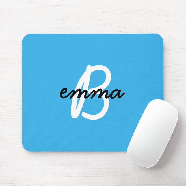 Tapis De Souris Nom bleu | Monogramme initial moderne et tendance (Avec souris)