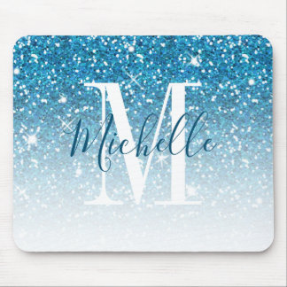 Tapis De Souris Nom bleu turquoise Girly de monogramme d'étincelle