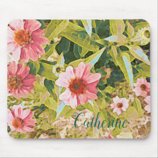 Tapis De Souris Nom Confleur rose personnalisé Art Feuille vert
