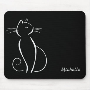 Tapis De Souris Nom d'ajout Minimal White Cat On Black