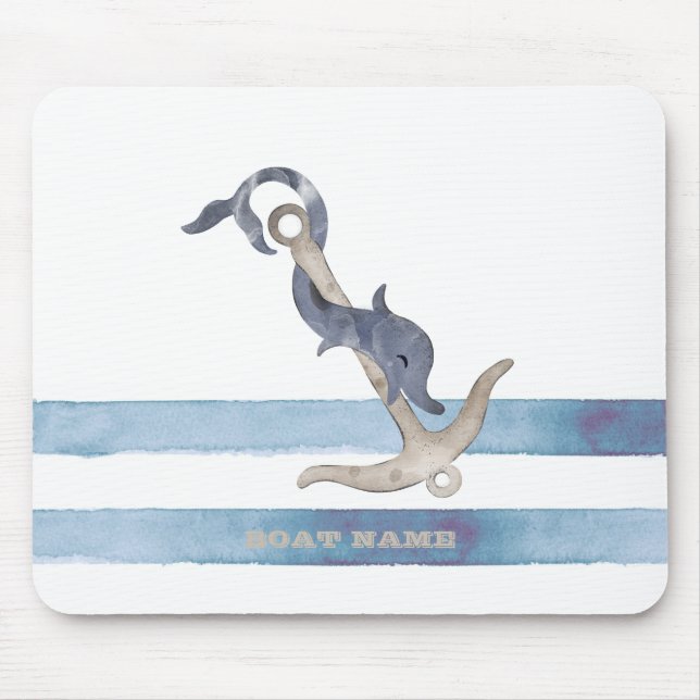 Tapis De Souris Nom de bateau nautique, rayures de dauphin d'ancre (Devant)
