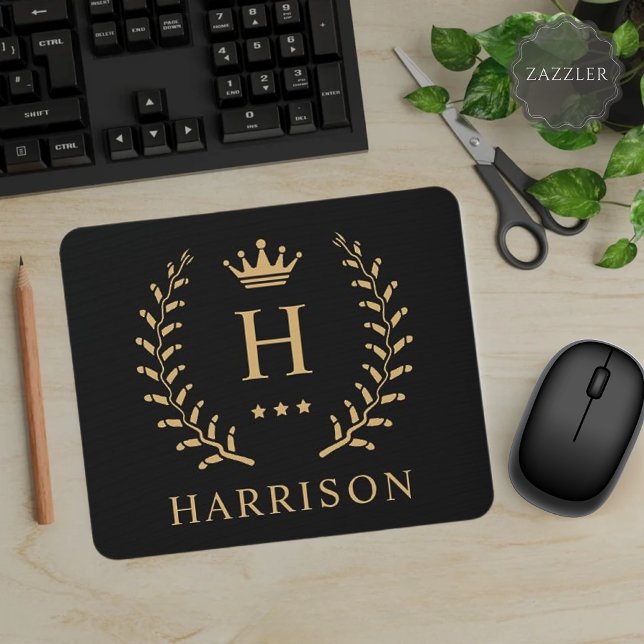 Tapis De Souris Nom de la Personnaliser et premier monogramme noir (Customize Name & Initial Black White Gold Monogram Mouse Pad)
