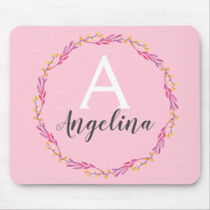 Tapis De Souris Nom de monogramme de couronne florale rose pâle fé