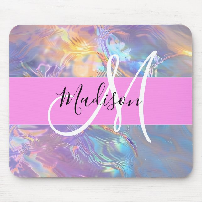Tapis De Souris Nom de monogramme holographique iridescent rose fé (Devant)