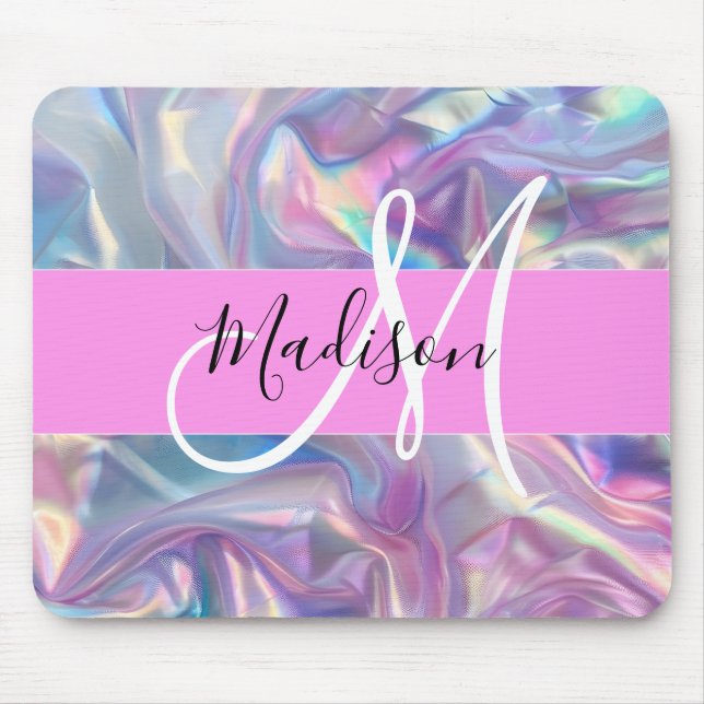 Tapis De Souris Nom de monogramme holographique iridescent rose fé (Devant)