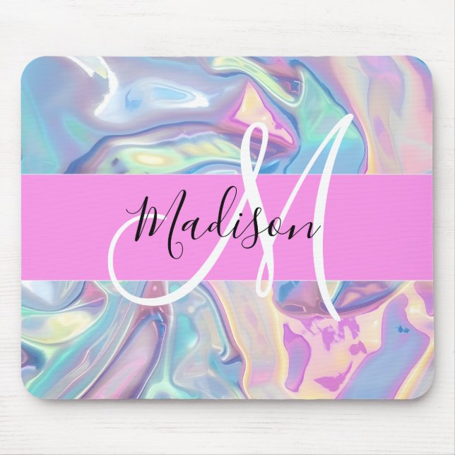 Tapis De Souris Nom de monogramme holographique iridescent rose fé (Devant)