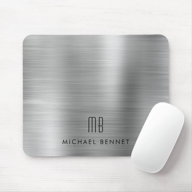 Tapis De Souris Nom de monogramme métallisé gris argent élégant (Avec souris)