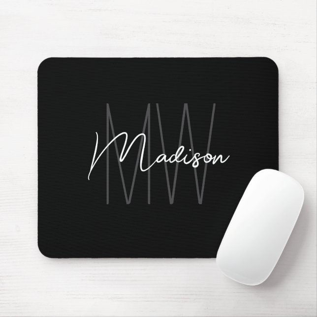 Tapis De Souris Nom de script de monogramme moderne noir et blanc (Avec souris)