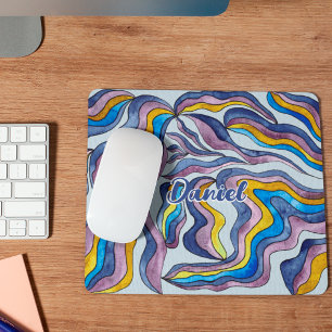Tapis De Souris Nom de script ondulé violet bleu vert rétro groovy