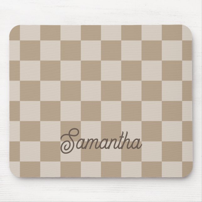 Tapis De Souris Nom de script Taupe Beige Checkers (Devant)