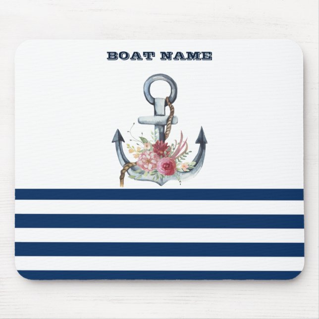 Tapis De Souris Nom du bateau, fleurs d'ancre bleu marine rayées  (Devant)