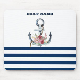 Tapis De Souris Nom du bateau, Fleurs d'Ancres Bleus de marine