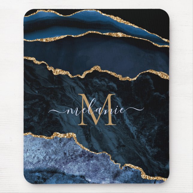 Tapis De Souris Nom du monogramme Agate Marine Bleu Gold Gemstone  (Devant)