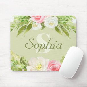 Tapis De Souris Nom du monogramme Aquarelle rose verte Florale