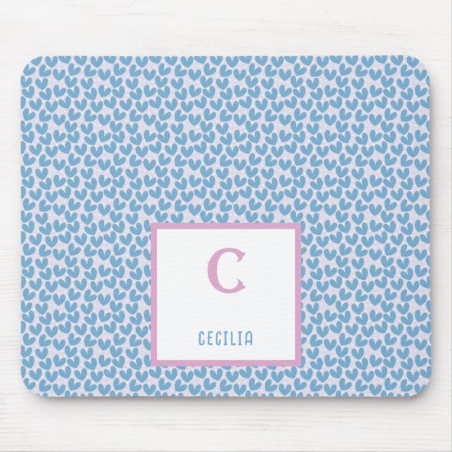 Tapis De Souris Nom du monogramme Motif Coeurs bleus et points bla (Devant)