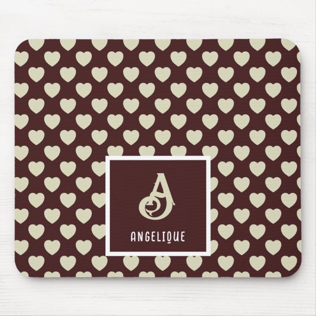 Tapis De Souris Nom du monogramme Motif Coeurs vert rouge et clair (Devant)