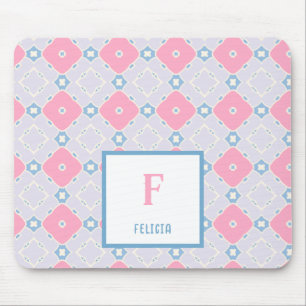 Tapis De Souris Nom du monogramme Motif Fleurs bleues et roses
