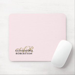 Tapis De Souris Nom du monogramme Pastel rose or noir minimaliste