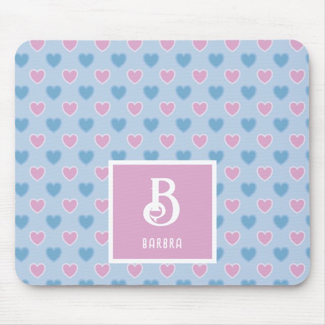 Tapis De Souris Nom du monogramme Pink & Blue Hearts Motif Pad de  (Devant)