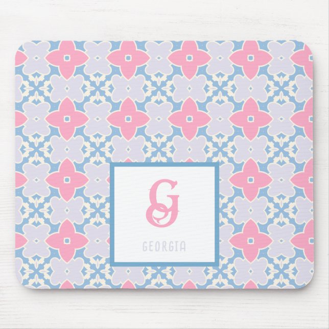 Tapis De Souris Nom du monogramme Stars bleu et rose Motif Souris  (Devant)