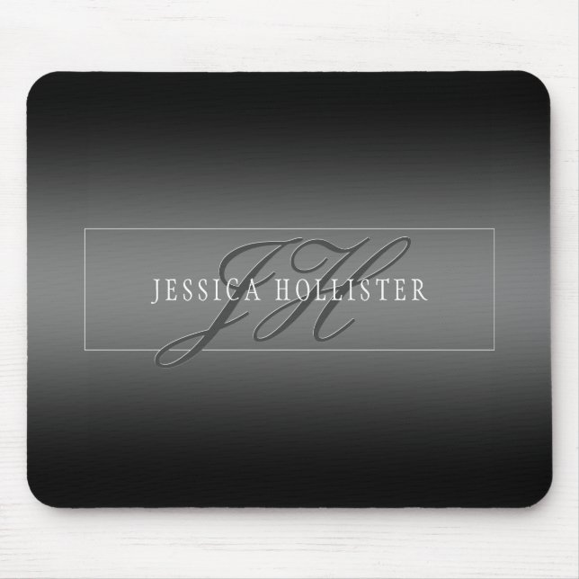 Tapis De Souris Nom élégant & Initiales monogrammées | Noir & Gris (Devant)