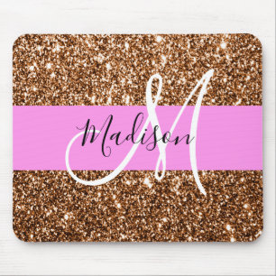 Tapis De Souris Nom en monogramme avec paillettes rose et bronze G