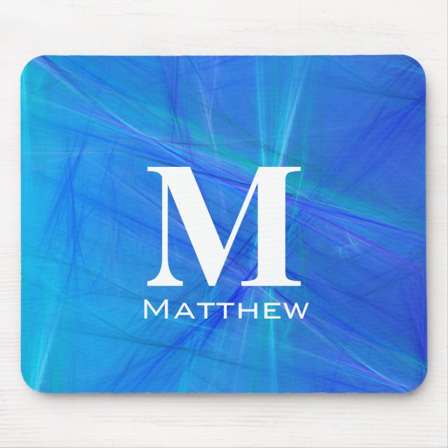 Tapis De Souris Nom en Monogramme Blanc Fractal Bleu Cool (Devant)