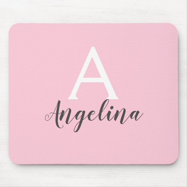 Tapis De Souris Nom en monogramme rose pâle féminin blanc & gris (Devant)