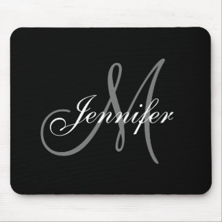Tapis De Souris Nom gris blanc de monogramme de noir élégant de