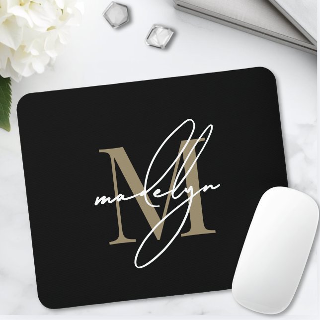 Tapis De Souris Nom initial monogrammé en écriture Or Noir (Black Gold Script Name Initial Monogram Mouse Pad )