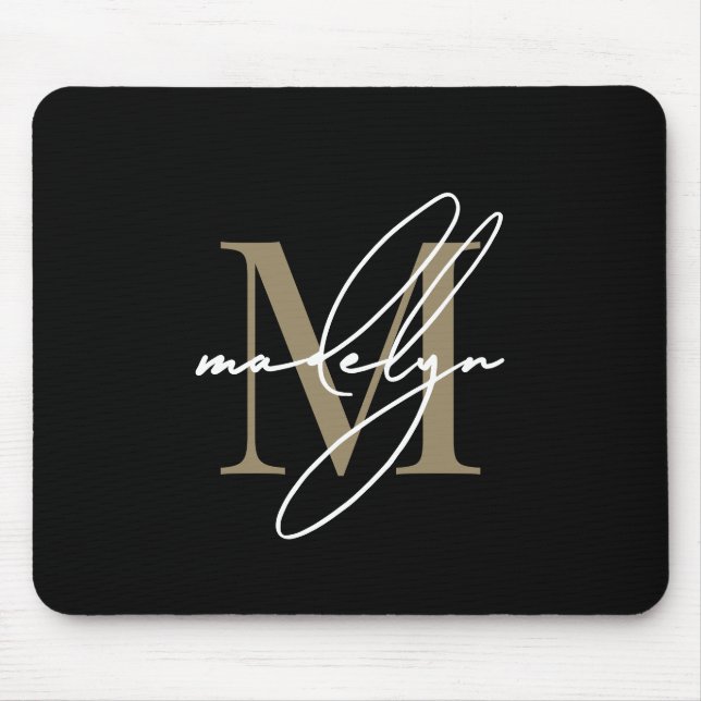 Tapis De Souris Nom initial monogrammé en écriture Or Noir (Devant)