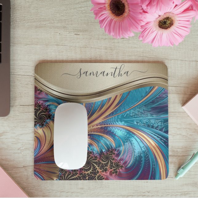 Tapis De Souris Nom manuscrit Fractal Blue Gold (Créateur téléchargé)