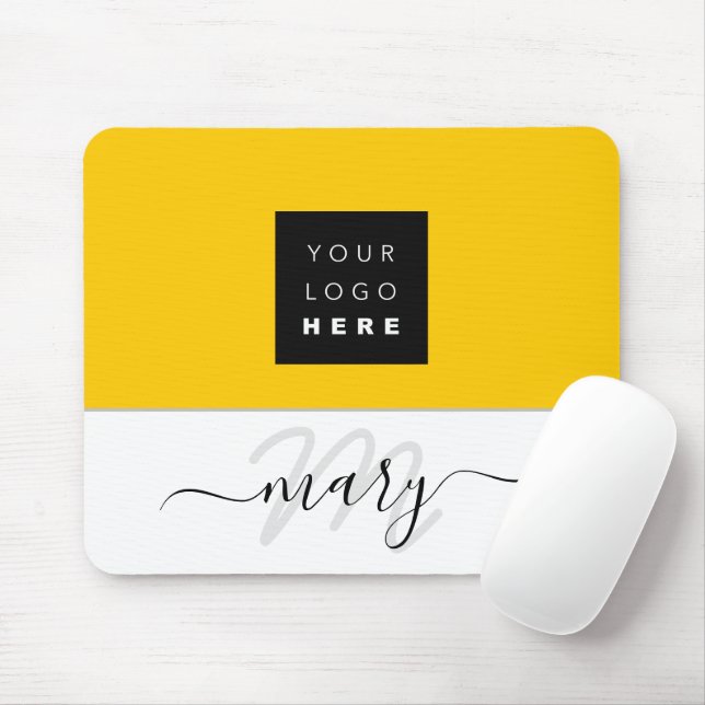 Tapis De Souris Nom Monogram Minimal jaune citron blanc logo (Avec souris)
