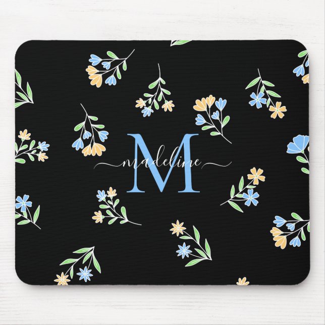 Tapis De Souris Nom monogramme et jaune bleu initial (Devant)