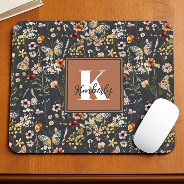 Tapis De Souris Nom Monogramme Floral Boho Moderne (Créateur téléchargé)