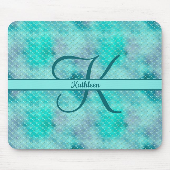 Tapis De Souris Nom monogrammé initial Mermaid bleu violet vert  (Devant)