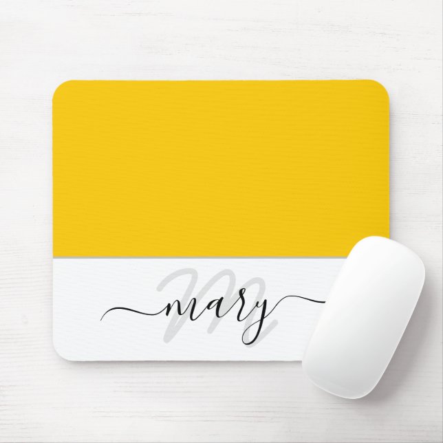 Tapis De Souris Nom Monogramme Lemon jaune minimal Blanc moderne (Avec souris)