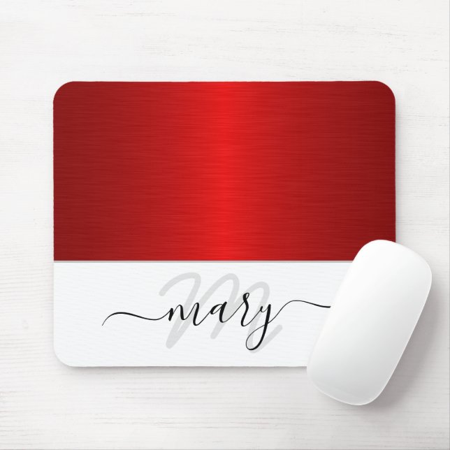 Tapis De Souris Nom Monogramme Minimal Rouge Noir Blanc Moderne (Avec souris)