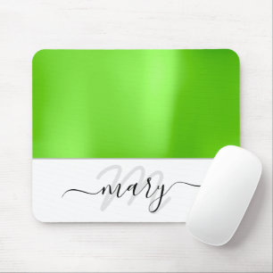Tapis De Souris Nom Monogramme minimal vert frais blanc moderne