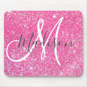 Tapis De Souris Nom Monogramme Paillettes Rose Chaud Glamour Fémin