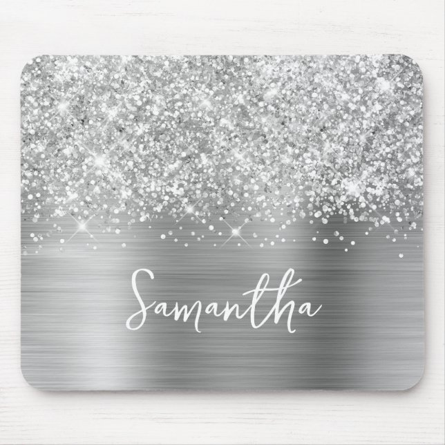 Tapis De Souris Nom Pailleté Argent Glam (Devant)