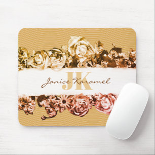 Tapis De Souris Nom personnalisable Gold Roses Chic Monogramme Lux