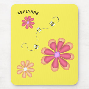 Tapis De Souris Nom personnalisé Abeilles et fleurs sur Jaune