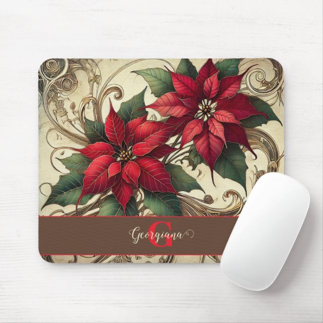 Tapis De Souris Nom personnalisé Art Nouveau Noël Poinsettia (Avec souris)