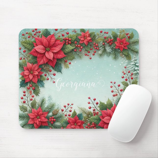 Tapis De Souris Nom personnalisé Noël Floral Aquarelle Poinsettia (Avec souris)