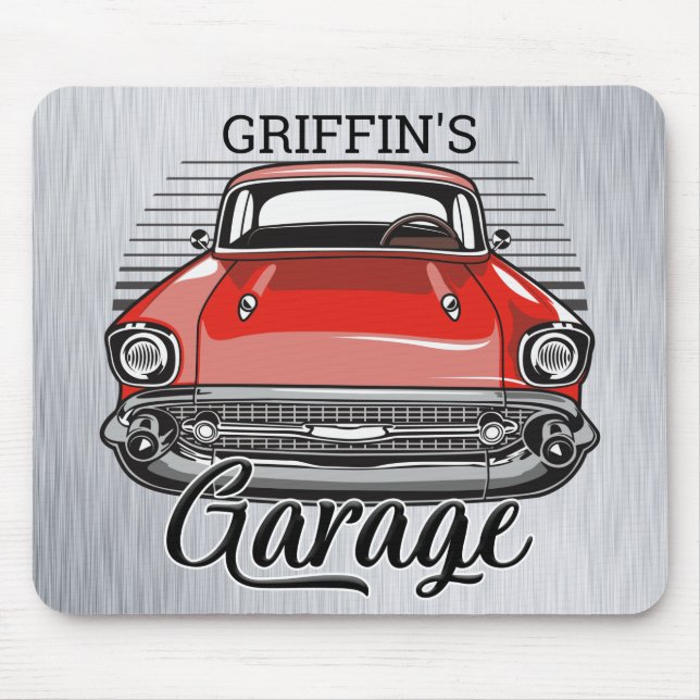 Tapis De Souris NOM personnalisé Retro Red Classic Car Garage (Devant)