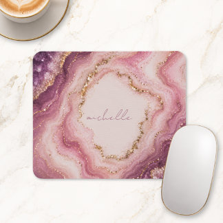 Tapis De Souris Nom personnalisé Rose Violet Géode Marbre Or